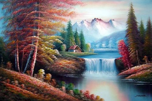 Oil Painting（油畫(huà)作品） Small Water Fall in Golden Autumn